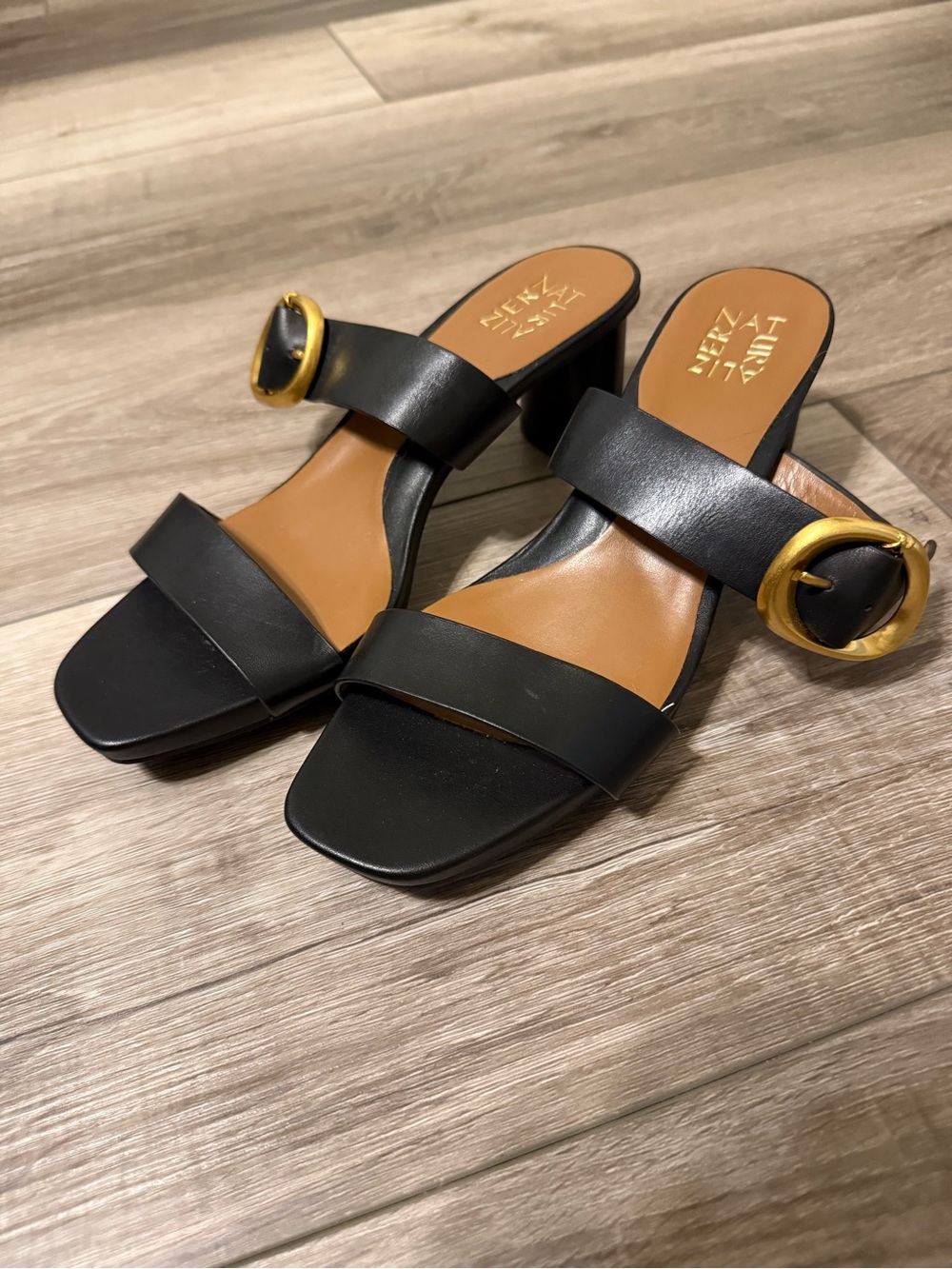 Naturalizer Black Leather Slide Mules with Gold Buckle